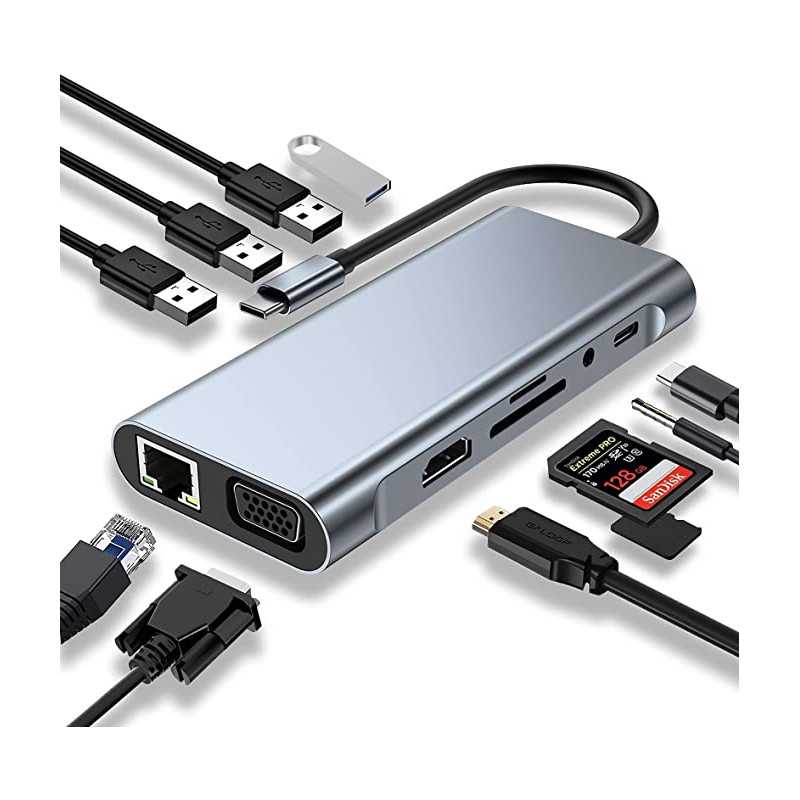 HUB USB C, Adaptateur USB C 11 en 1 avec 4K-HDMI, VGA, USB 3.0, Type C PD, Ethernet RJ45, Lecteur de Carte SD / TF, AUX 3,5 mm