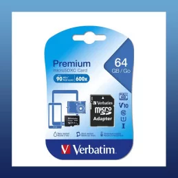 Verbatim Premium Carte mémoire microSDHC 64Gb C10 U1 A1 90 Mo/s +Adaptateur microSD
