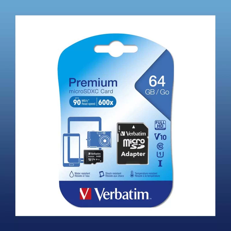 Verbatim Premium microSDHC Memory Card 64Gb C10 U1 A1 90MB/s + microSD Adapter